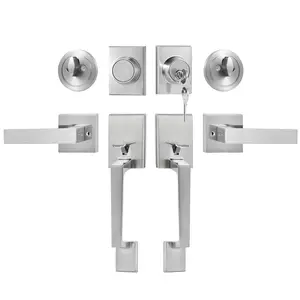【Summervibes】VEVOR Double Door Handle Set, Double Door Lock Set with Reversible Handle Lever, Satin Nickel Square Door Lever, Heavy Duty Double Front Door Handle Set with Dummy, for Front Door or Office Door