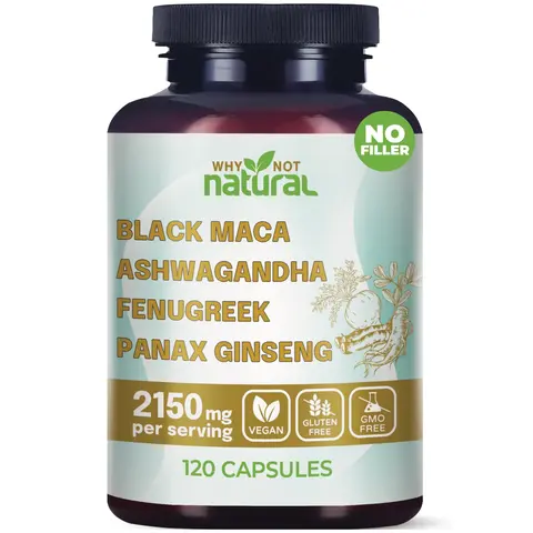 4-in-1 Organic Black Maca Root, Ashwagandha, Fenugreek, Panax Ginseng Supplement for Men and Women in Capsules by Why Not Natural Healthcare Edible