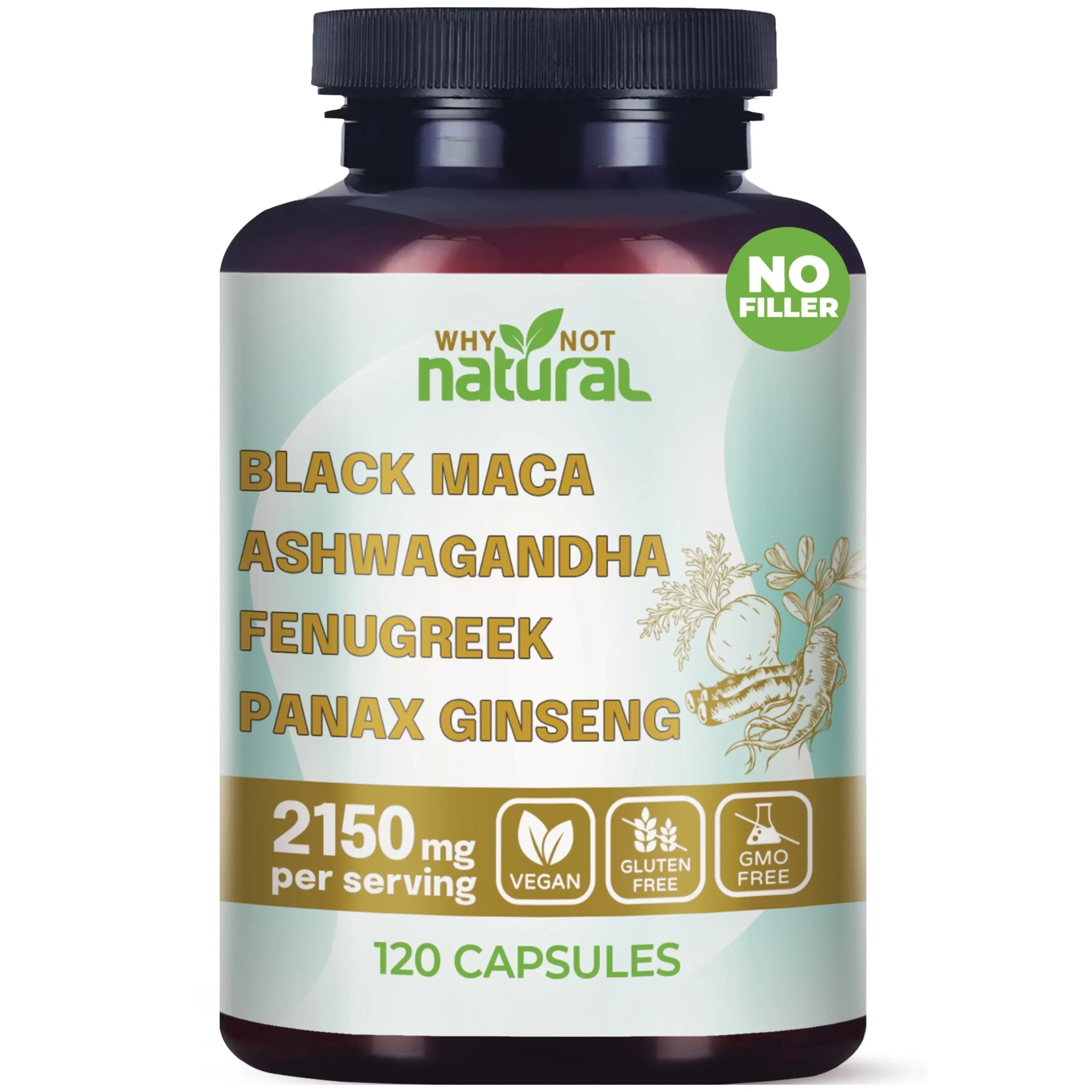 4-in-1 Organic Black Maca Root, Ashwagandha, Fenugreek, Panax Ginseng Supplement for Men and Women in Capsules by Why Not Natural Healthcare Edible