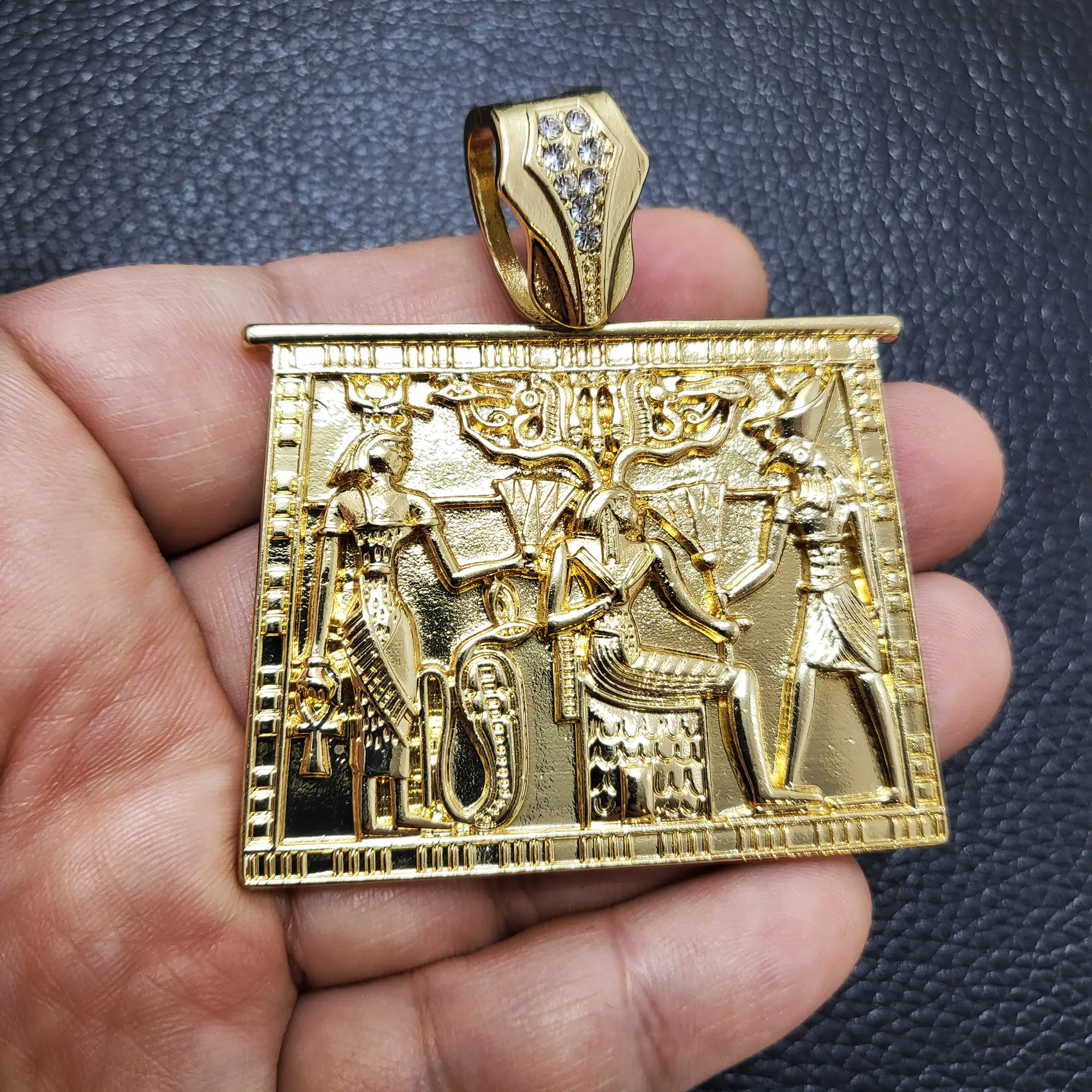 MaxBling81 Exquisite Trendy Pendant, Unisex Hip Hop Style Rectangular Egyptian Tablet Charm, Gold-Plated Alloy with High-Polish Finish, Charms & Pendants