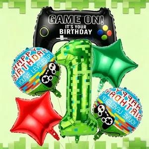 8-Piece Pixel Game Theme Birthday Balloons Set, Pixel Numbers, Game Controller Balloons, Star Balloons, Party Decorations