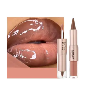 2-in-1 Double-Ended Matte Lip Liner & Lip Gloss Duo, Caramel Brown Nude Ombre Lip Combo Pencil, Lip Liner and Lipstick Gloss Set for Defined & Fuller Looking Lips,#06 Caramel Brown Nude