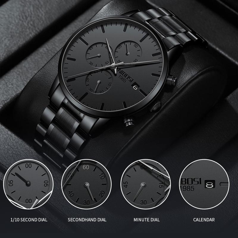 【Clearance sale】NIBOSI Men's Watches Analog Minimalist Black Dial Watches for Men Business Chronograph Military Casual Wrist Watches Stainless Steel Strap Date