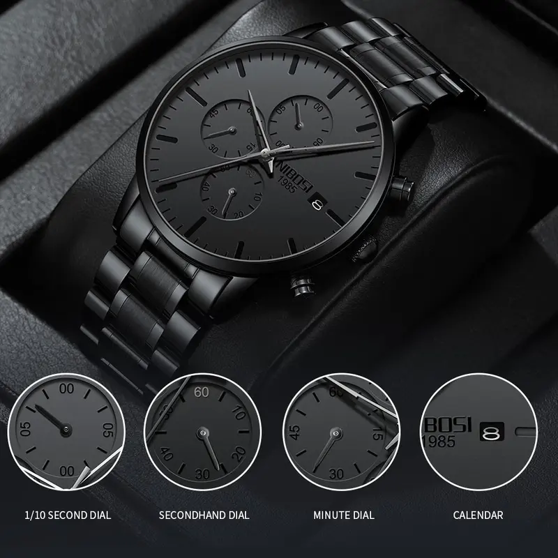 【Clearance sale】NIBOSI Men's Watches Analog Minimalist Black Dial Watches for Men Business Chronograph Military Casual Wrist Watches Stainless Steel Strap Date