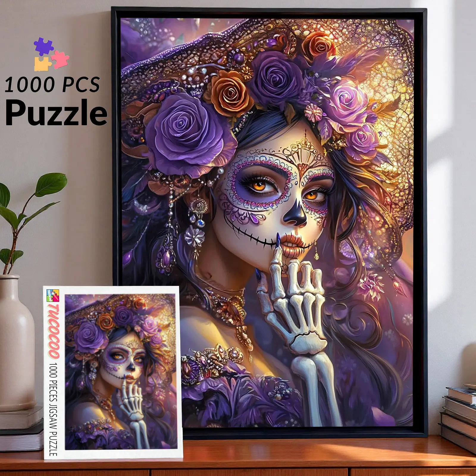 Gothic Sugar Skull Lady 1000 Pieces Jigsaw Puzzle for Adult, vibrant floral skull art, mysterious portrait design, relaxing stress relief, brain challenge, family game, creative hobby, wall decor gift for adults seniors 27.5x20inch(70x50cm)