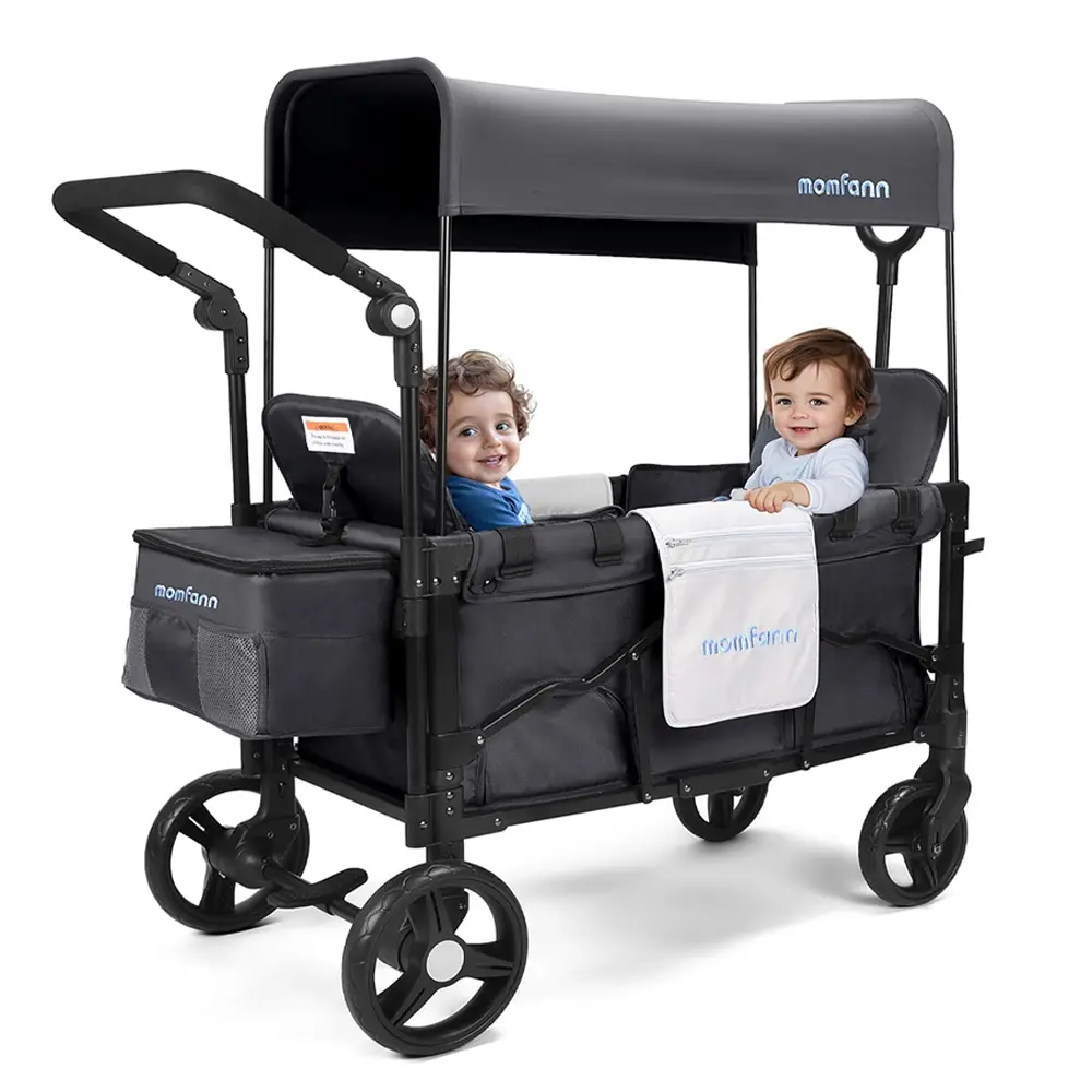 Momfann Baby Stroller Wagon, All-Terrain 2 Seaters Baby Wagon with Canopy, Parent Organizer, Adjustable Handle & Pull Bar for Infants and Toddlers