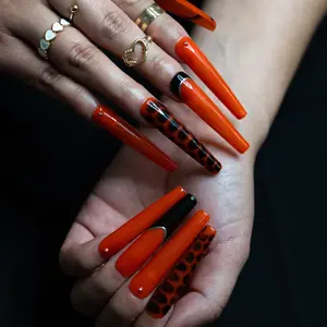 Orange and Black Extra Long XXL Coffin (Length 2.1") Handmade Press on Nails , Fake Nails, Reusable, Luxury Nails, Acrylic Nails