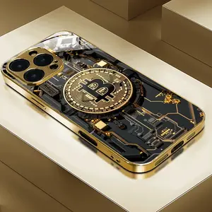 Black Gold-Plated Bitcoin Fashion Style Electroplated Glass Phone Case, Suitable for iPhone 16 Pro Max/16E, 15 Pro, 14 Plus, 13 Promax, 12, 11 Pro -- Trendy Elegant Luxury Protective Cover, Mobile Accessories, Device Safety, UV Printed Design, Essential f