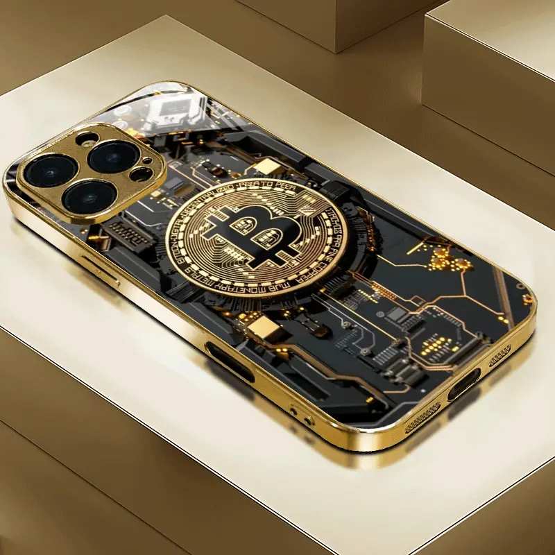 Black Gold-Plated Bitcoin Fashion Style Electroplated Glass Phone Case, Suitable for iPhone 16 Pro Max/16E, 15 Pro, 14 Plus, 13 Promax, 12, 11 Pro -- Trendy Elegant Luxury Protective Cover, Mobile Accessories, Device Safety, UV Printed Design, Essential f