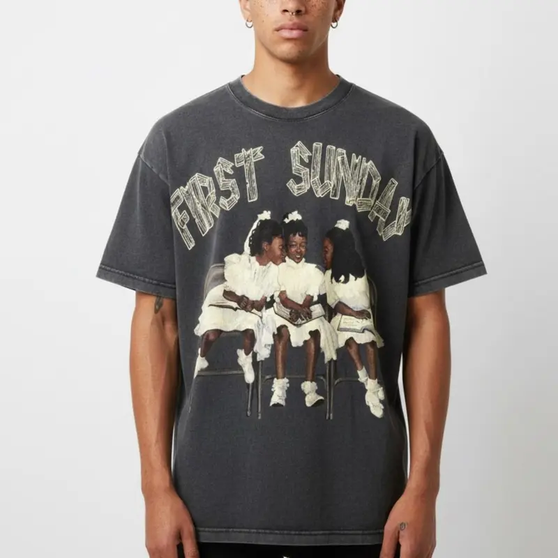 Sopula Studio Men's 100% Breathable Cotton Vintage Short-Sleeve Graphic Tee - 1990s Aesthetic, 90s Inspired, Acid Washed, Round Neck, Loose Fit, Acid Rock Art "First Sunday", Throwback Style Streetwear Top