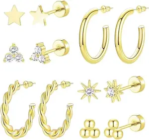 6 & 8 Pairs Stainless Steel Earrings 14K Gold Plated Flat Back Stud Earrings for Women Men Multiple Style Lightweight Dainty Trendy Jewelry Star Triangle Sun Dangle Huggie Hoop Earring Stacks