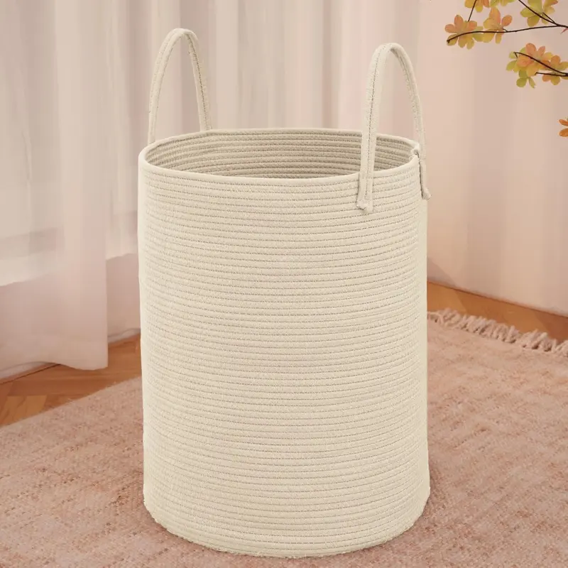 Brown Large Woven Cotton Rope Laundry Basket Hamper - 60L Storage Bin for Clothes, Blankets, Toys - Decorative Tall Nursery Hamper for Living Room, Bedroom