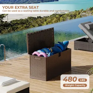 OUTGOODS 73-Gallon Brown Resin Deck Box with Lockable Lid & Hinged Top – Waterproof Outdoor Storage for Patio, Garden Tools, Cushions, Pool Accessories, and Package Delivery