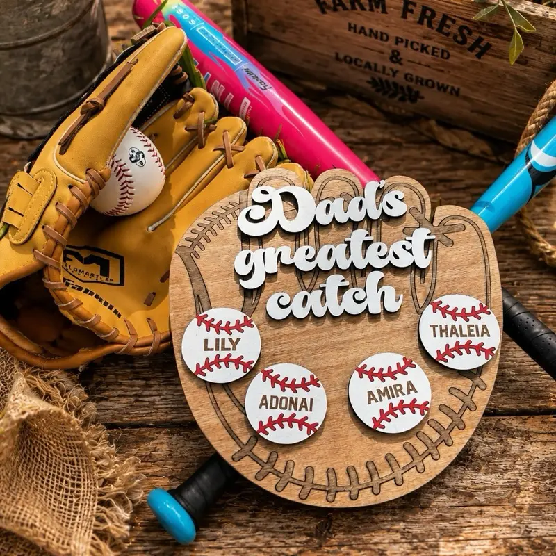 Personalized Dad’s Best Catch Baseball Mitt with Baseballs Personalized with Children’s Names