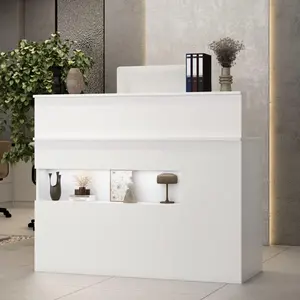 FUFU&GAGA Reception Desk with Counter, Retail Counter with Lighted Display Shelf & Lockable Drawers, for Salon Reception Room Checkout Office, White