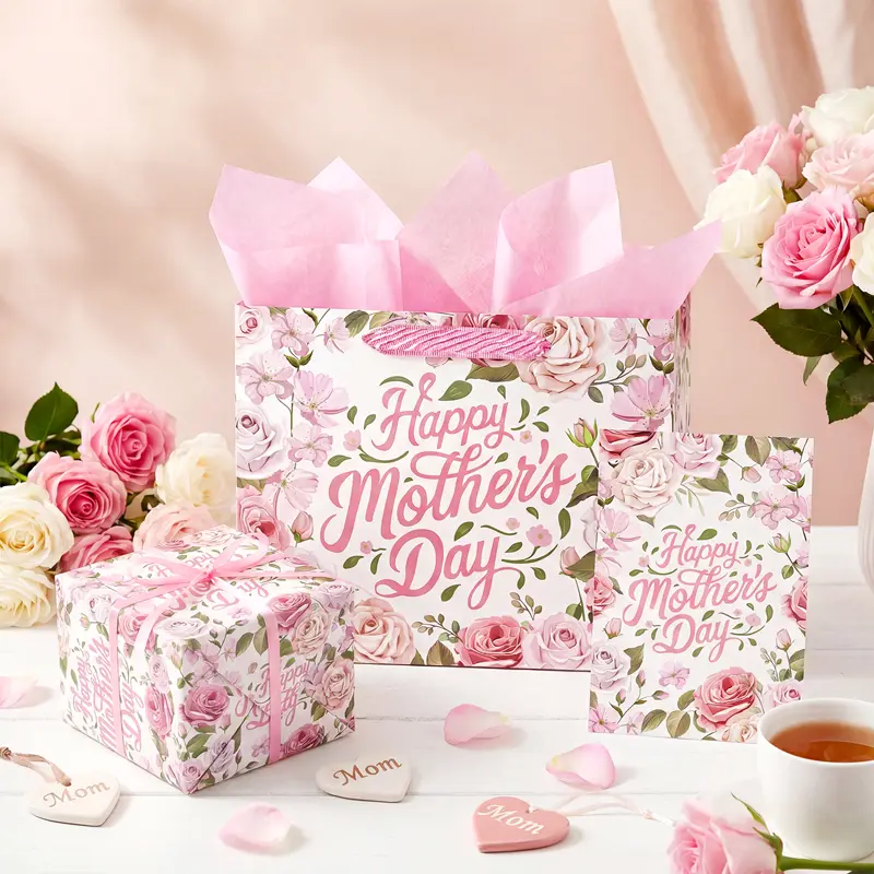 WRAPAHOLIC Thick Paper Illustrated Greeting Card Set - Floral Design, Romantic Flowers, Thank You, Mini Roll, Coordinated Envelopes & Gift Bags, for Mom, Mother's Day & Birthday, Single/Multi-Pack Options