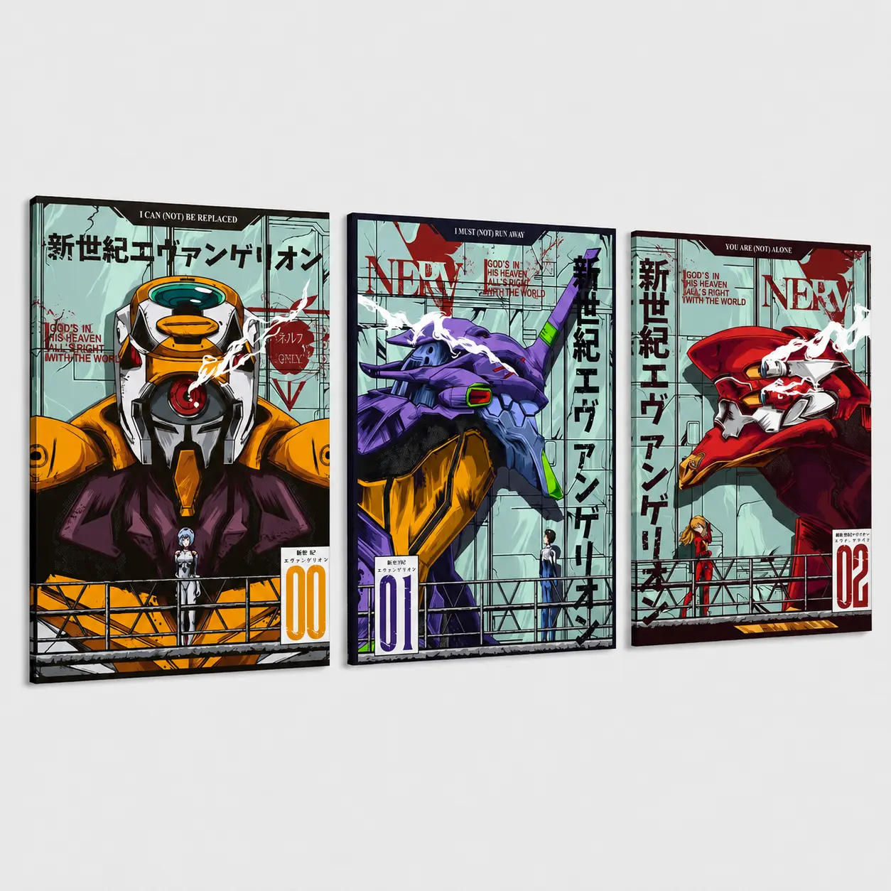3-Piece "Neon Genesis Evangelion" Canvas Print Set, EVA 00/01/02 Anime Decor, NERV Mecha Animated Character Graphic Wall Arts, Living Room & Bedroom Home Decor Posters