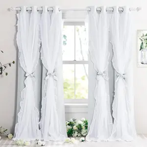 Shabby Chic Curtains for Bedroom Double Layer White Ruffle Sheer Overlay with Tiebacks  Country Drapes for Bedroom Decor, 52" W x 84" L, Greyish White, 2 count