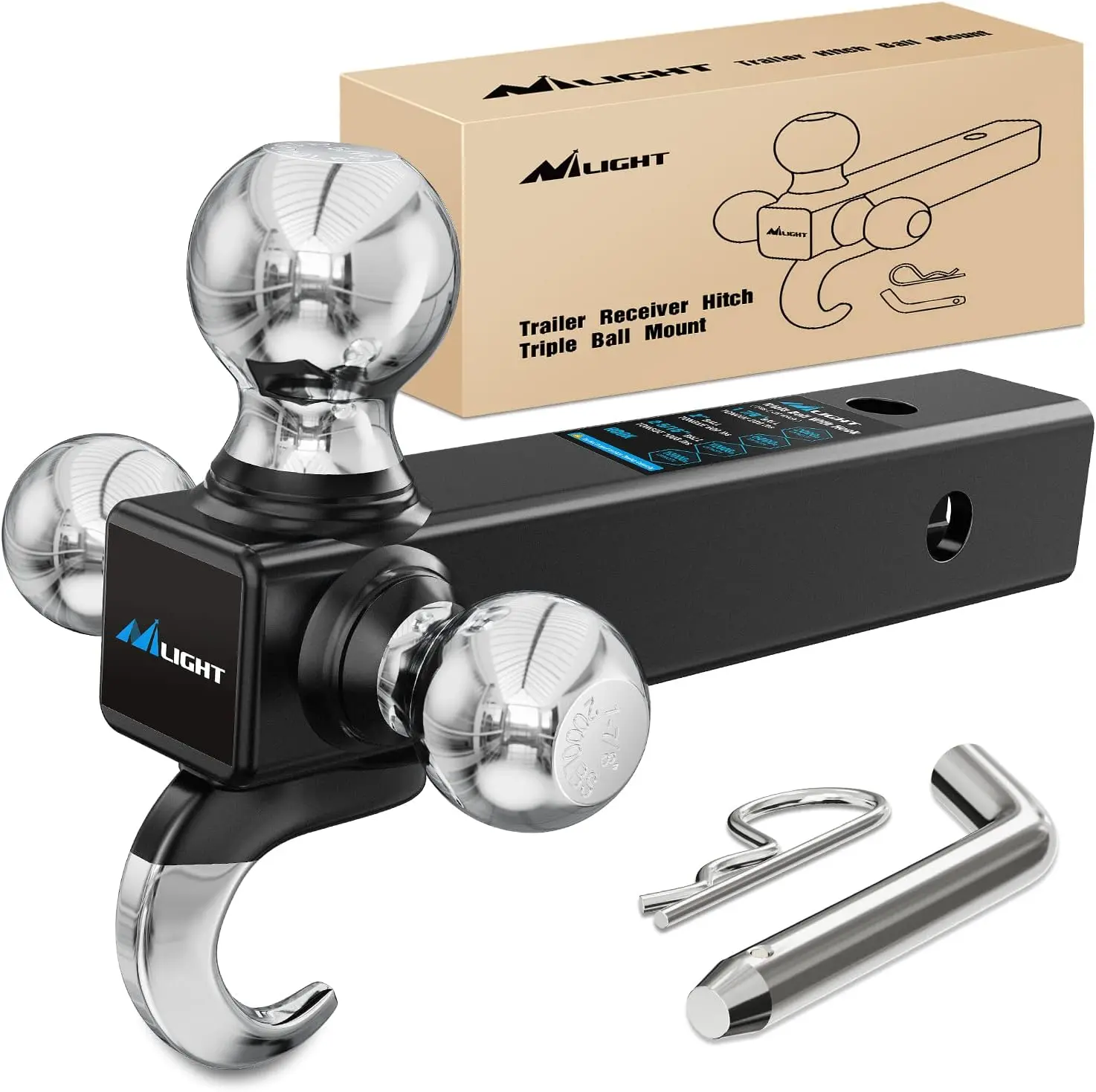 Nilight 2-in-1 Drop Forged Shackle Hitch Receiver, 45000 LBs Breaking Strength, 3/4" D-Ring Shackle with Trailer Hitch Pin, Heavy Duty Solid Recovery Kit with Triple Balls, Ball Mount for Trucks, Trailer Towing Accessories