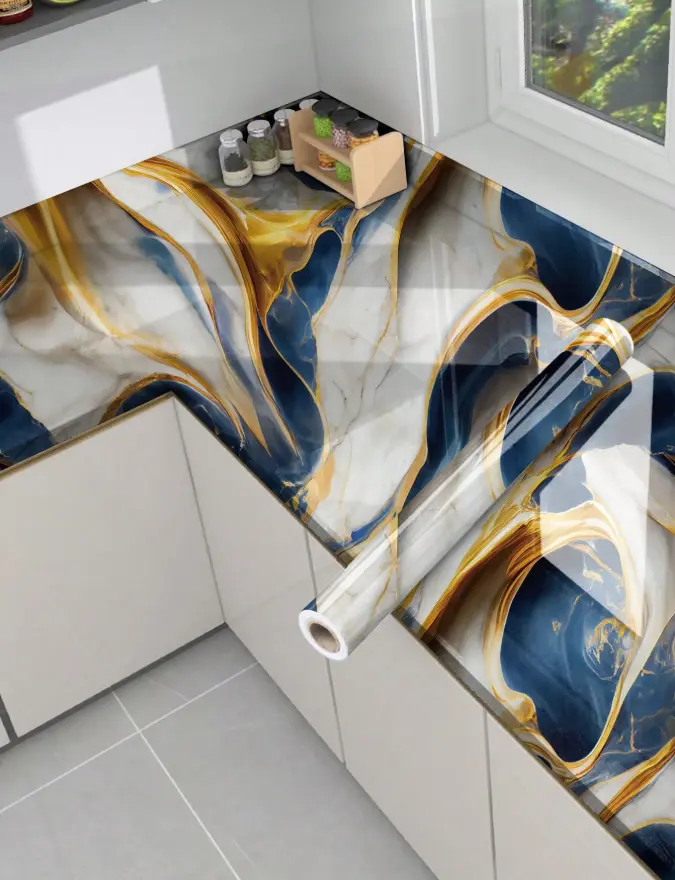 1pc Dark Blue Marble Peel and Stick Wallpaper, Waterproof PVC Liner for Kitchen, Cabinets, Shelves & Countertops