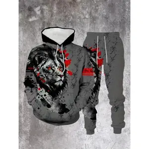 Men's Casual 2pcs Set, Lion Ink Print Hoodie And Jogger Pants, Spring/Autumn Fashion Outfit
