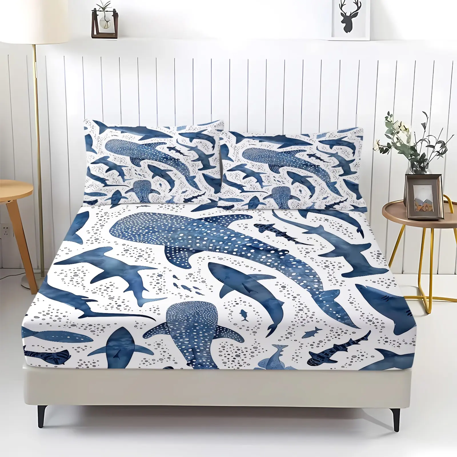 3pcs Fitted Sheet Set: Fitted Sheet Set with 2 Pillowcases Bedding Sheets. Stylish Watercolor Shark Pattern, Perfect for Modern Minimalist Interiors. Ideal for Bedrooms, Dorms, and Guest Rooms. Soft, Breathable Fabric for All-Season Comfort. No Filling.