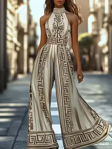 Women's Elegant Casual Vacation Vintage Tie Dye Print High Neck Backless Sleeveless Waist Cinching Zip Wide Leg Jumpsuit Womenswear Elegance