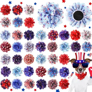 50 Pcs Patriotic Dog Collar Flowers Bulk Memorial Day Star Dog Bow Tie Flower Grooming Charms Accessories for Cat Pets Collar Attachment Embellishment 4th of July Independence Day Party Costume