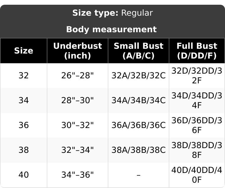 Regular-size strapless bra underbust and cup size chart