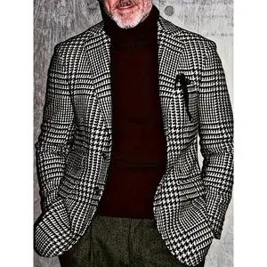 1pc Men'S Classic Houndstooth Blazer - Casual Polyester Suit Jacket with Lapel Collar, Button Details, Woven Fabric, Non-Stretch - Regular Fit for Spring/Fall Season Menswear Long Sleeve suits Plain Grey Formal Beige