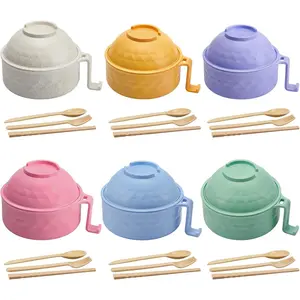 6 Sets Microwave Ramen Bowl Bulk 40 oz Wheat Straw  Ramen Cooker Set Portable Noodle Cooker with Handle Spoon Chopsticks Fork for College Dorm Room  ( Colors)