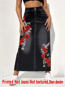 Women's Denim Floral Print Midi Skirt, High Waist Slim Fit, Casual Summer Dress, Non-Denim Fabric, bottom, womenswear, Versatile & Trendy, Perfect for Daily Wear