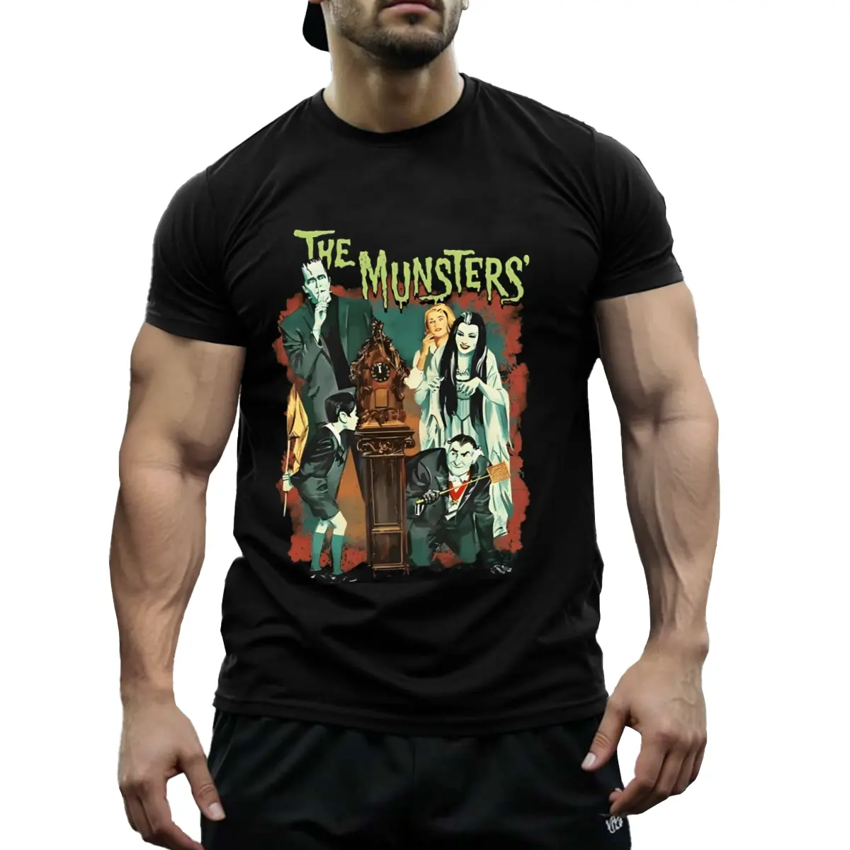 Men's Vintage Horror Shortsleeve Round Neck T-Shirt - Monster Characters, Haunted House Print, Soft Stretch Breathable Fabric, Classic Fit - for Halloween Party, Daily Streetwear Day Wear