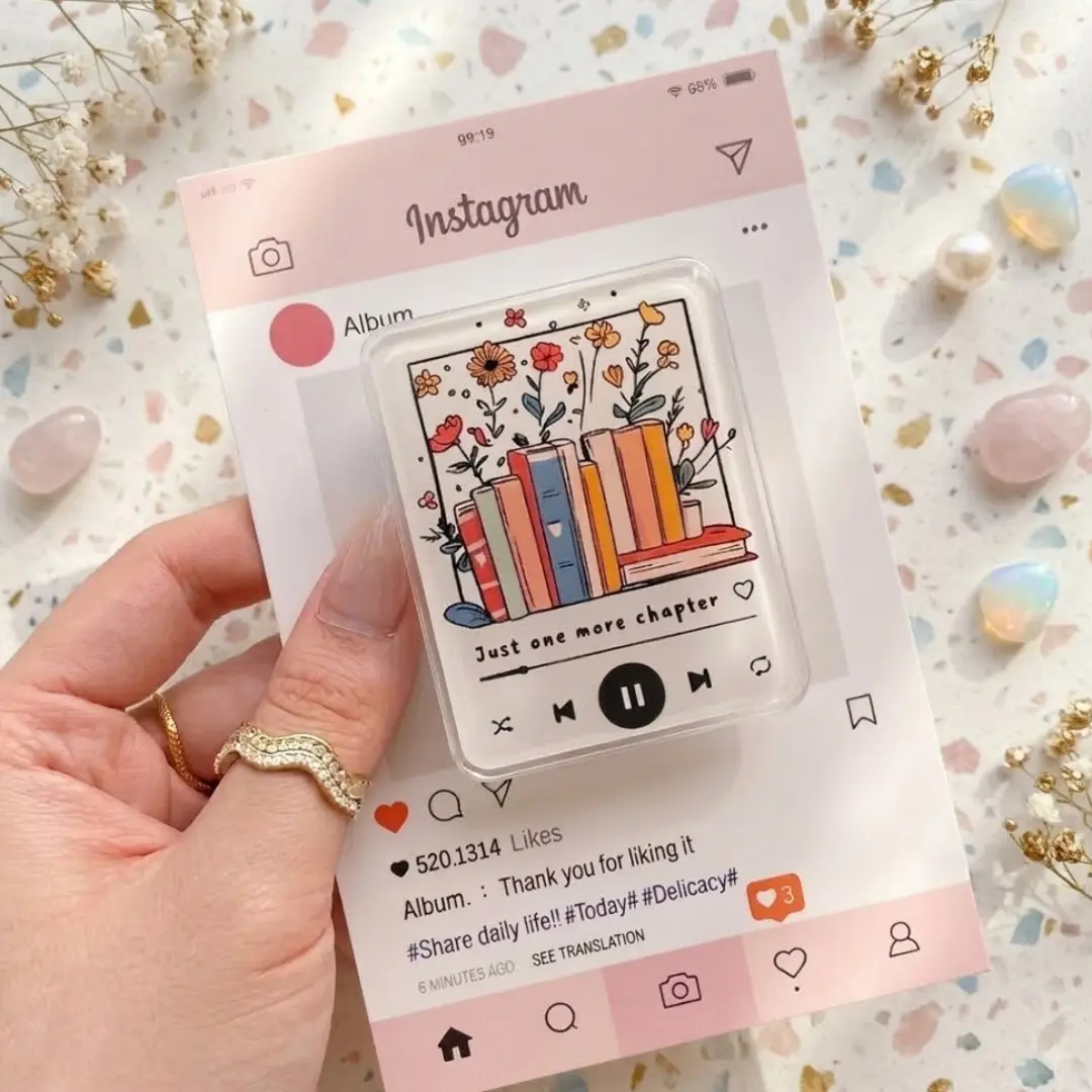 Floral Book Phone Grip with "1 More Chapter" Design, Aesthetic Music Player Print, Foldable Kickstand Holder, Compact Durable Accessory Gift for Book Lovers Readers