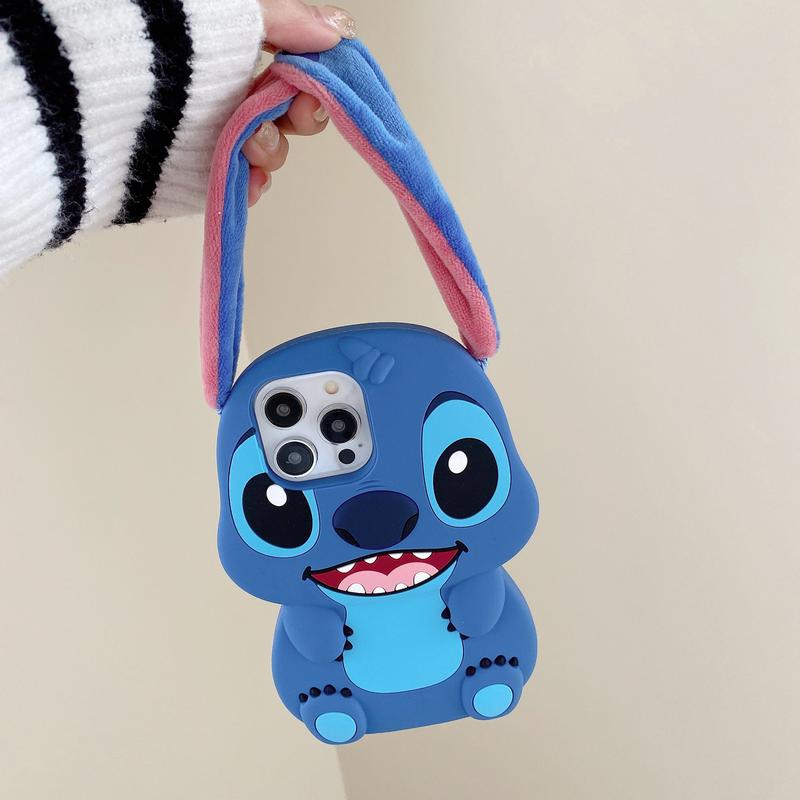 Disney 3D Stitch Plush Ears Phone Case with Carrying Handle for Kids Cute Character Design Protective Cover Soft Plush Material Easy to Use