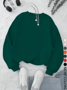 New Creative Simple Solid Color Everyday Casual Fitted Long Sleeve Round Neck Knit Sweatshirt for Women, Trendy Multi-Color Options, Fall & Winter Fashion Top