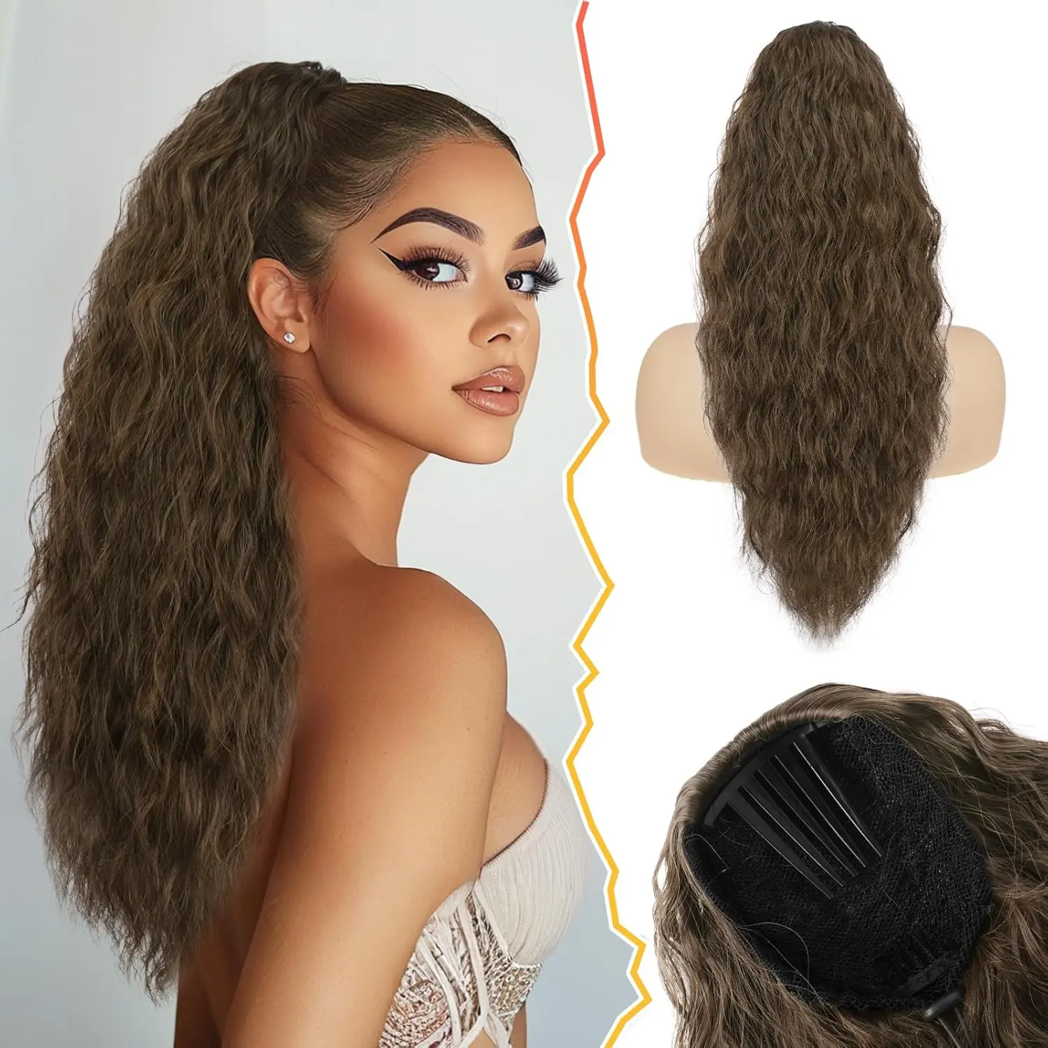 Medium Brown Curly Wavy Drawstring Ponytail Extension - 22 Inch Synthetic Long Comb Clip in Ponytail Extensions for Women, Voluminous Bohemian Curly Drawstring Pony Tails Hairpieces
