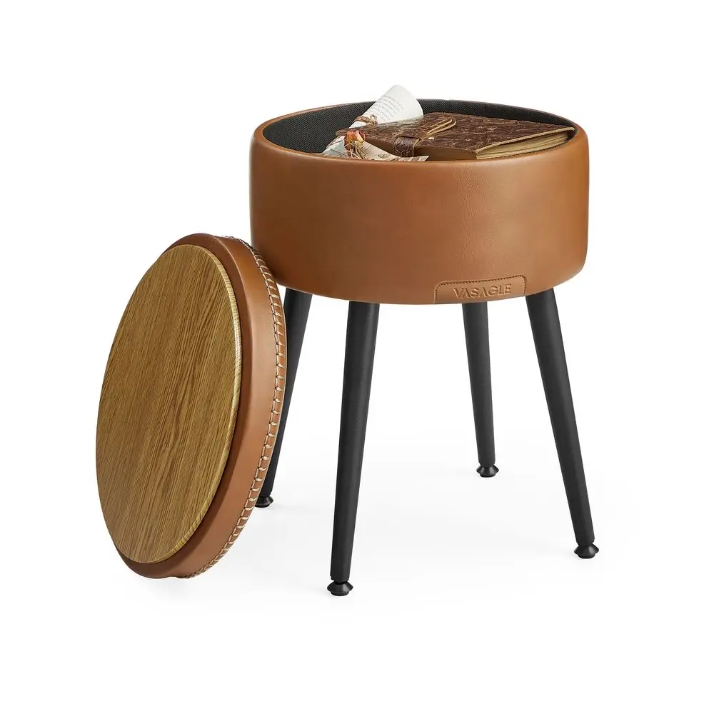 VASAGLE EKHO Collection - Storage Ottoman, Vanity Chair Stool, Synthetic Leather with Stitching, Mid-Century Modern, Round Storage Seat with Steel Legs, Loads 330 lb