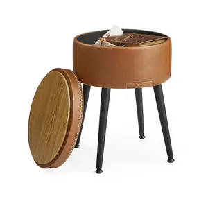 VASAGLE EKHO Collection - Storage Ottoman, Vanity Chair Stool, Synthetic Leather with Stitching, Mid-Century Modern, Round Storage Seat with Steel Legs, Loads 330 lb
