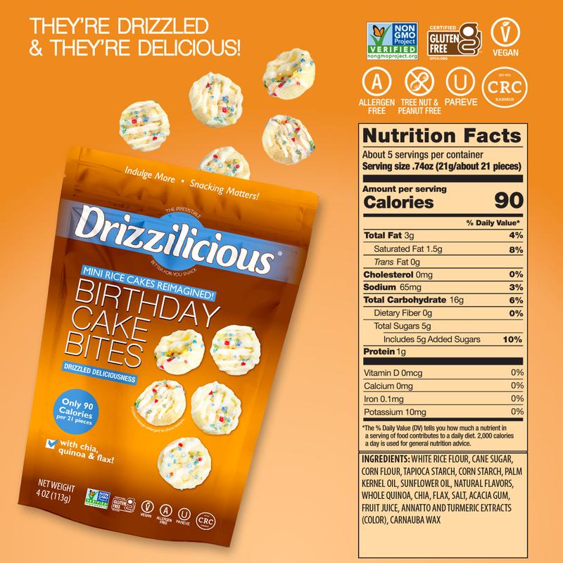 Drizzilicious Birthday Cake Mini Rice Cakes - Gluten-Free, Vegan, Crunchy & Healthy Snack, 90 Calories per Serving, 4 oz