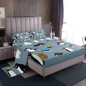 Feelyou Antarctica Animal Motif Bedding Sheet Sets - Cute Cartoon Little Penguin Themed Soft Breathable Microfiber Bedding Set for Boys, Fitted Sheet Included