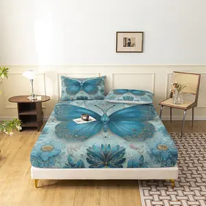 3Pcs Luxury Blue Butterfly Floral Print Microfiber Bed Fitted Sheets Sets, Including 1 Count Fitted Sheet & 2 Counts Pillowcase without Filler, Soft Comfortable Bedding Set For Home Bedroom, Decorative Bedsheet Sets, Breathable Durable Sheets