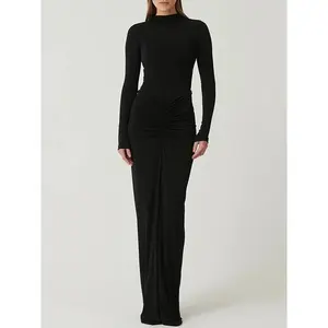 Sexy Elegant Solid Pleated Maxi Dresses Women Fashion Casual High Waist Slim Long Sleeve Dress 2024 New Autumn Winter Dresses