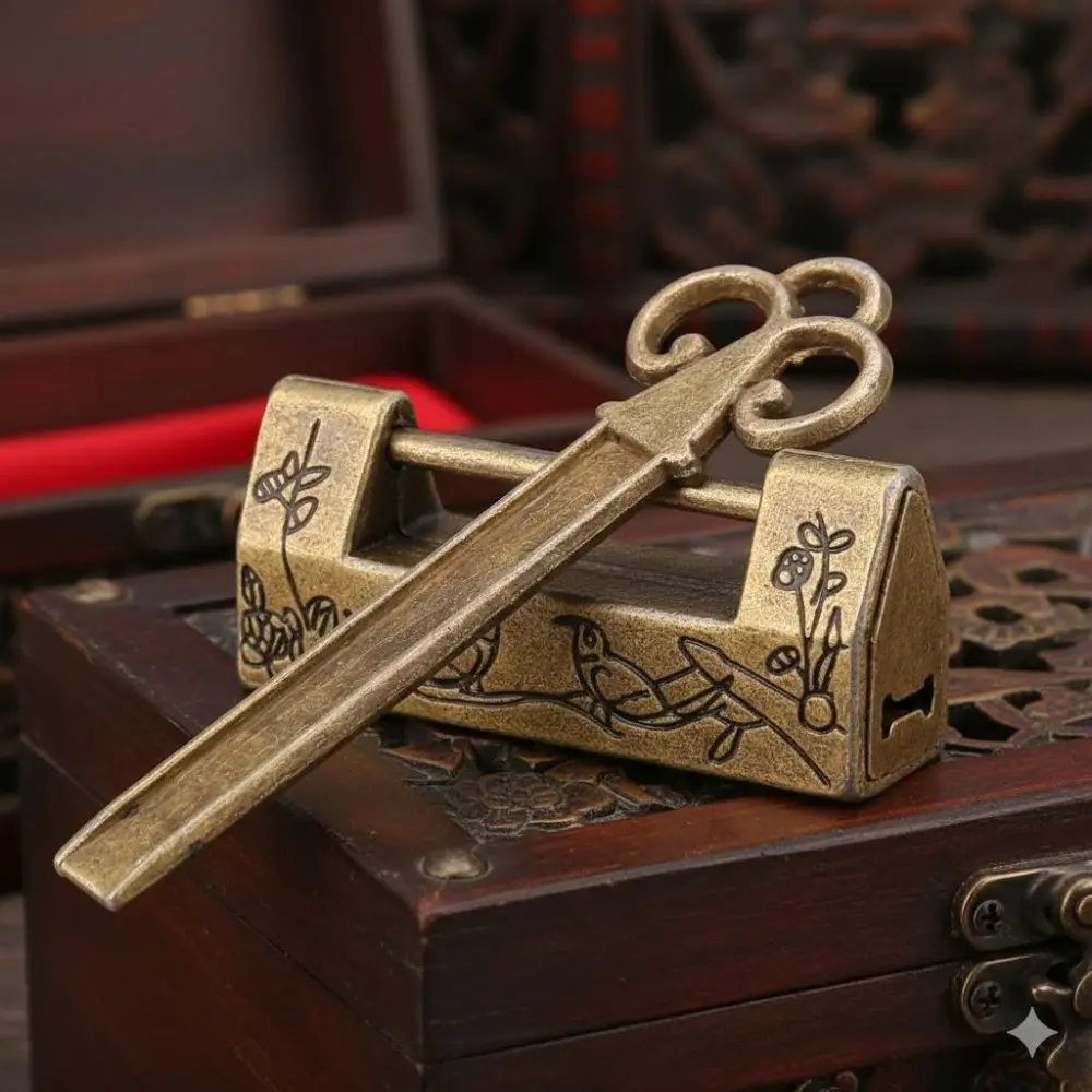 Hand-Engraved Antique Bronze Padlock, Medieval Style Decorative Lock for Jewelry Boxes, Furniture & Luggage. Solid Brass Vintage Cabinet Lock, Collectible Wedding Decor Accessory, Gothic Home Gift Security Lock.