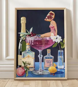 Unframed Pomegranate Cocktail Retro Bar Poster, Vintage French 75 Martini Wall Art for Home Kitchen Decor, Room Decor