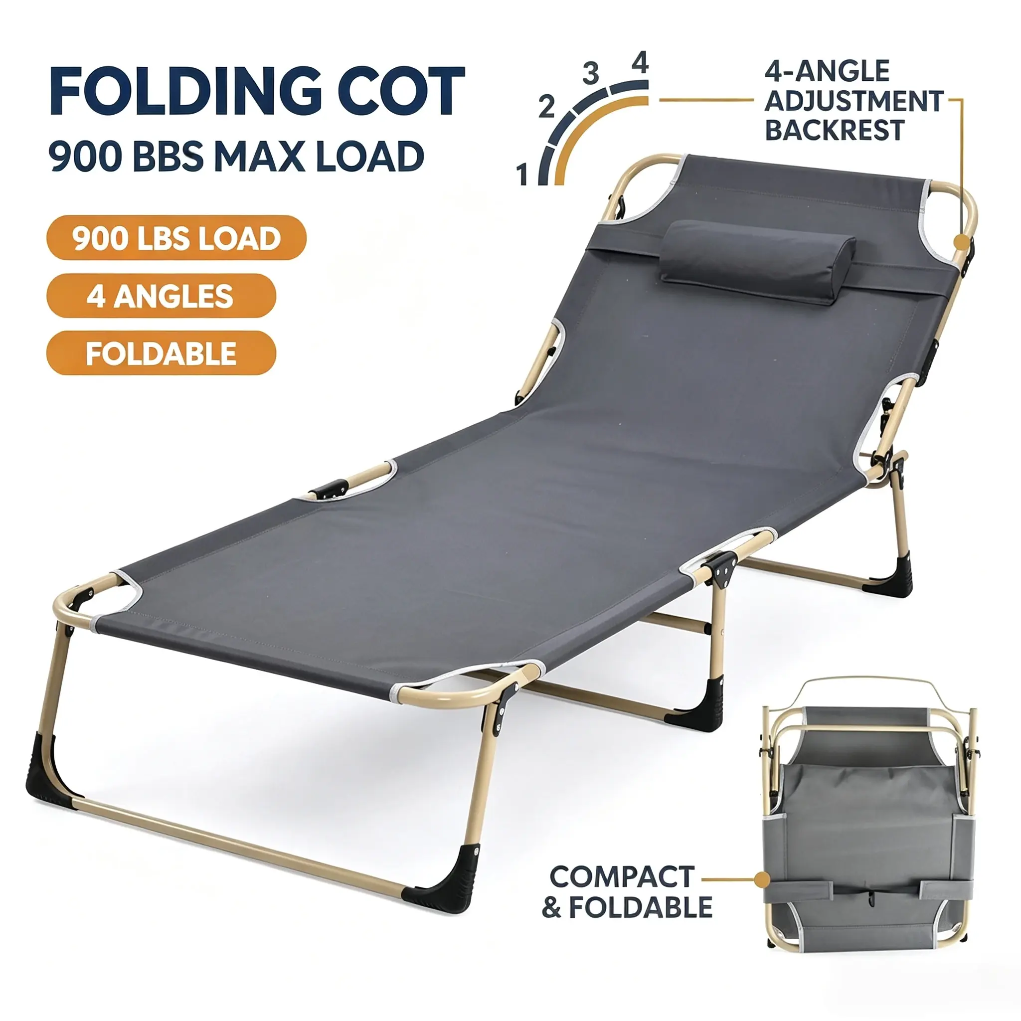 Oversized Heavy Duty Folding Bed with 4 Position Adjustable Angle 600D Oxford Fabric for Outdoor and Home Use