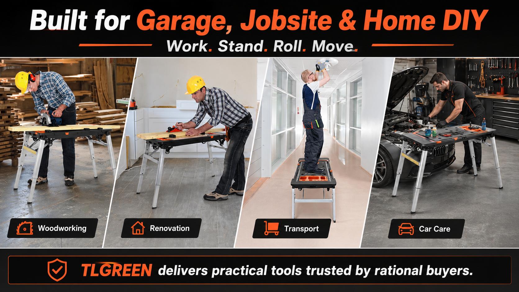 TLGREEN Multifunctional Folding Work Table, 7 in 1 Work Benches for Garage, as Portable Workbench, Sawhorse, Scaffold, Platform, Car Creeper, Dolly and Hand Truck, with 4 Wheels