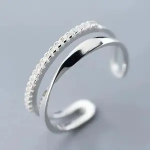 Unisex Adjustable Open Double-Layer Ring - Alternative Artistic, Asymmetric, Avant-Garde Metallic, Artist Style Double Ring with Distinctive Twisted Line Inlay Zirconia for Casual Parties & Everyday Fashion, Alternative Artistic Rings, Asymmetric Rings