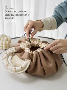 New Lazy Drawstring Makeup Bag for Women, Portable Waterproof PU Travel Wash Bag, Handheld Storage Pouch Box, High-End Design