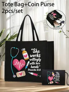 Medical Theme Tote Bag And Cosmetic Bag Set - Durable Black Fabric With Stethoscope And Pill Bottle Patterns, Spacious Zippered Tote Bag For Organizing Work Essentials, Cosmetics And Small Items, Casual Style, Fabric Construction, Versatile Tote Bag